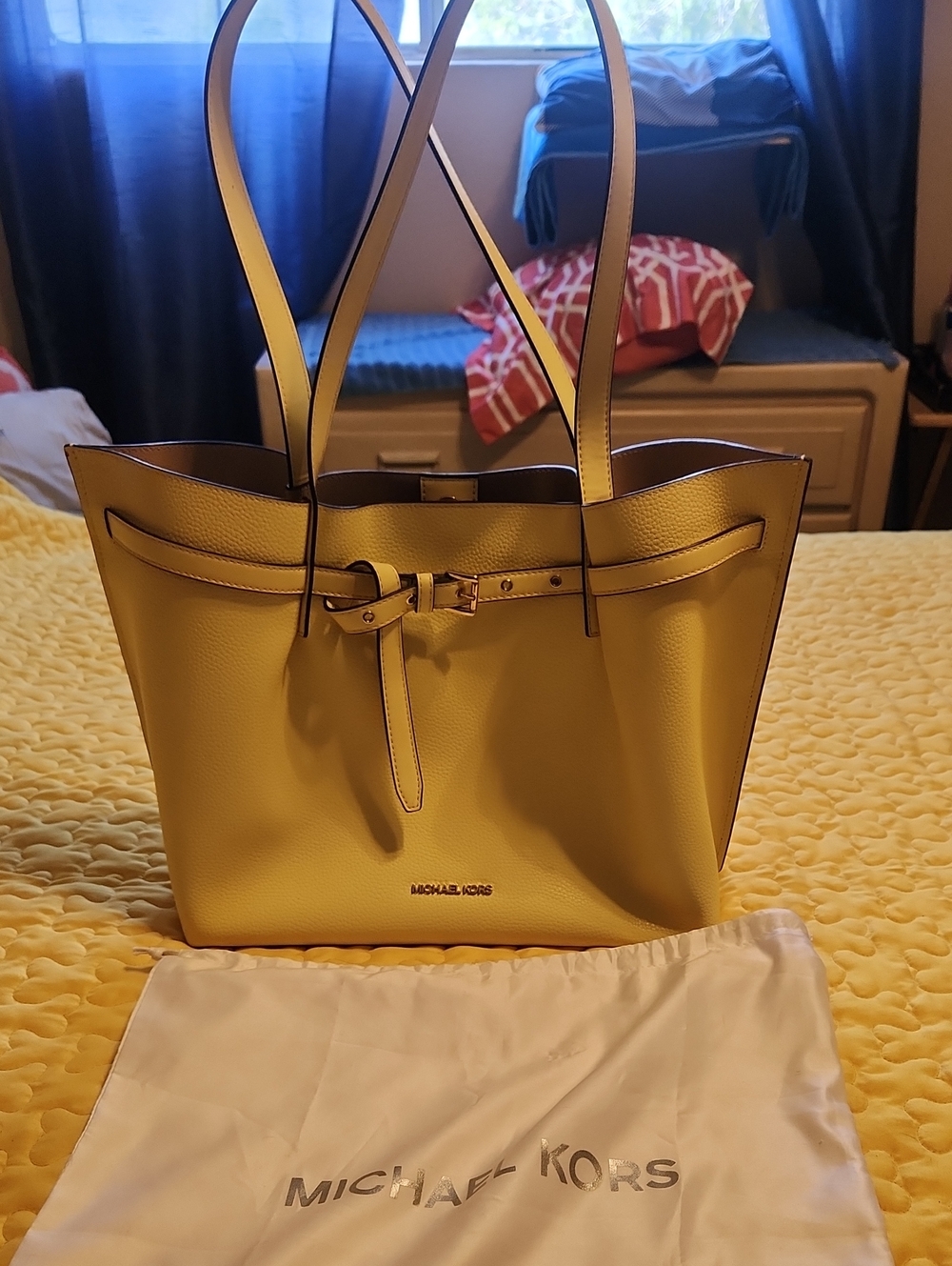 Michael Kors Yellow Pebbled Leather Tote with Belt Detail